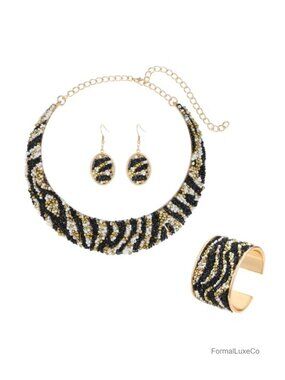 3 Piece Stone Rhinestone Collar Bib Choker Necklace Set Metal Gold